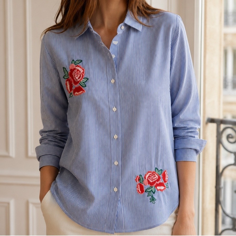 Alice Blue Stitch Fix Blue Striped Floral Embroidered Button Down Shirt Medium